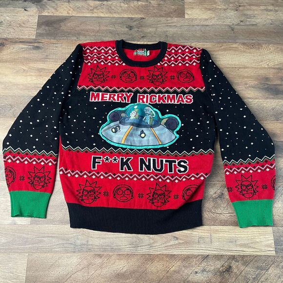 Rick & Morty Sweater Men's Size XL Red Black Knit Christmas Merry Rickmas 872 - Picture 1 of 11